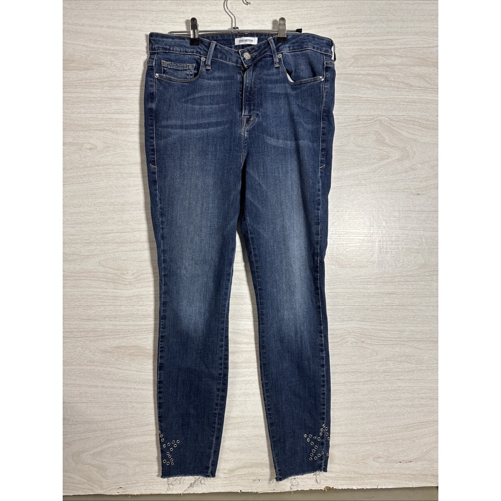 Good American medium-wash skinny jeans Studded Star On Ankles Frayed Hem Sz 14